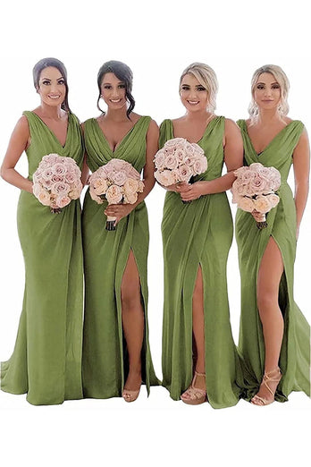 Dusty Sage Sheath Chiffon Ruched Long Bridesmaid Dress with Slit