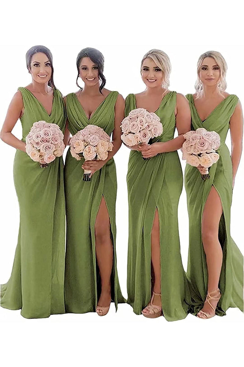 Load image into Gallery viewer, Dusty Sage Sheath Chiffon Ruched Long Bridesmaid Dress with Slit