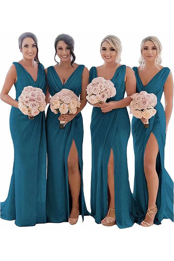 Dusty Sage Sheath Chiffon Ruched Long Bridesmaid Dress with Slit