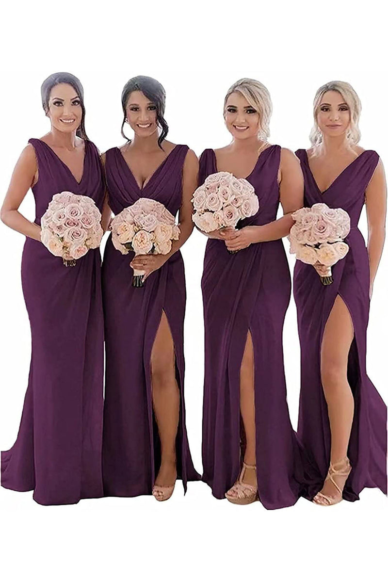 Load image into Gallery viewer, Dusty Sage Sheath Chiffon Ruched Long Bridesmaid Dress with Slit