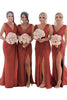 Load image into Gallery viewer, Rust Sheath Chiffon Ruched Long Bridesmaid Dress with Slit