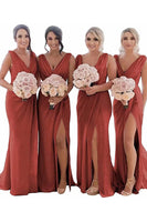 Load image into Gallery viewer, Rust Sheath Chiffon Ruched Long Bridesmaid Dress with Slit