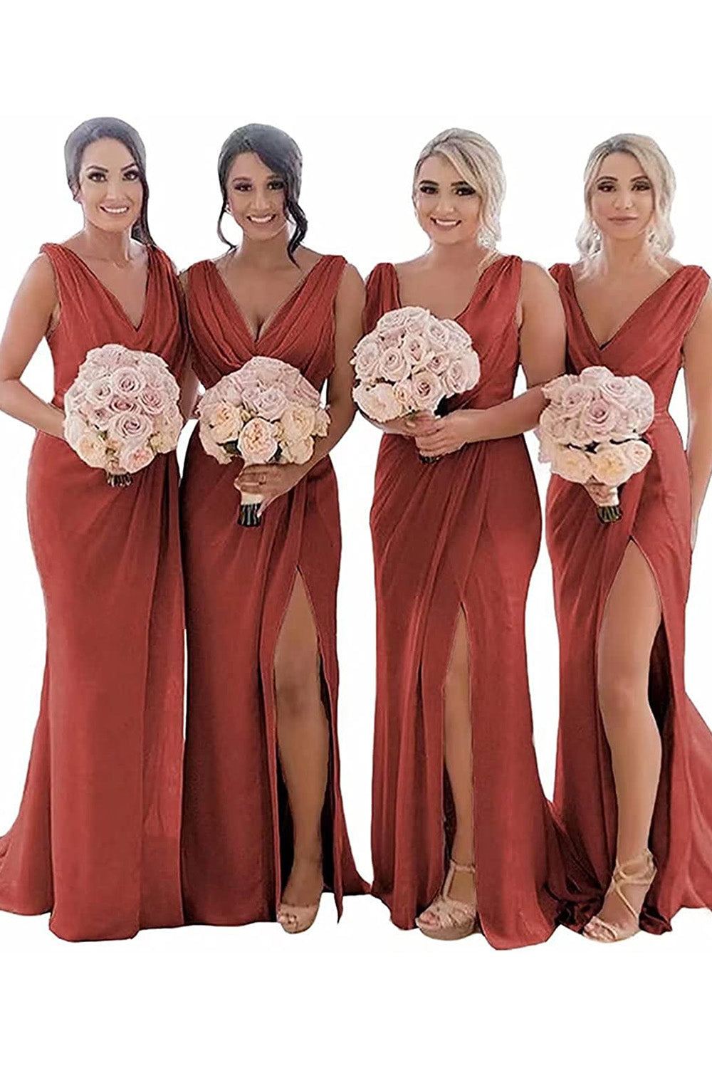 Rust Sheath Chiffon Ruched Long Bridesmaid Dress with Slit