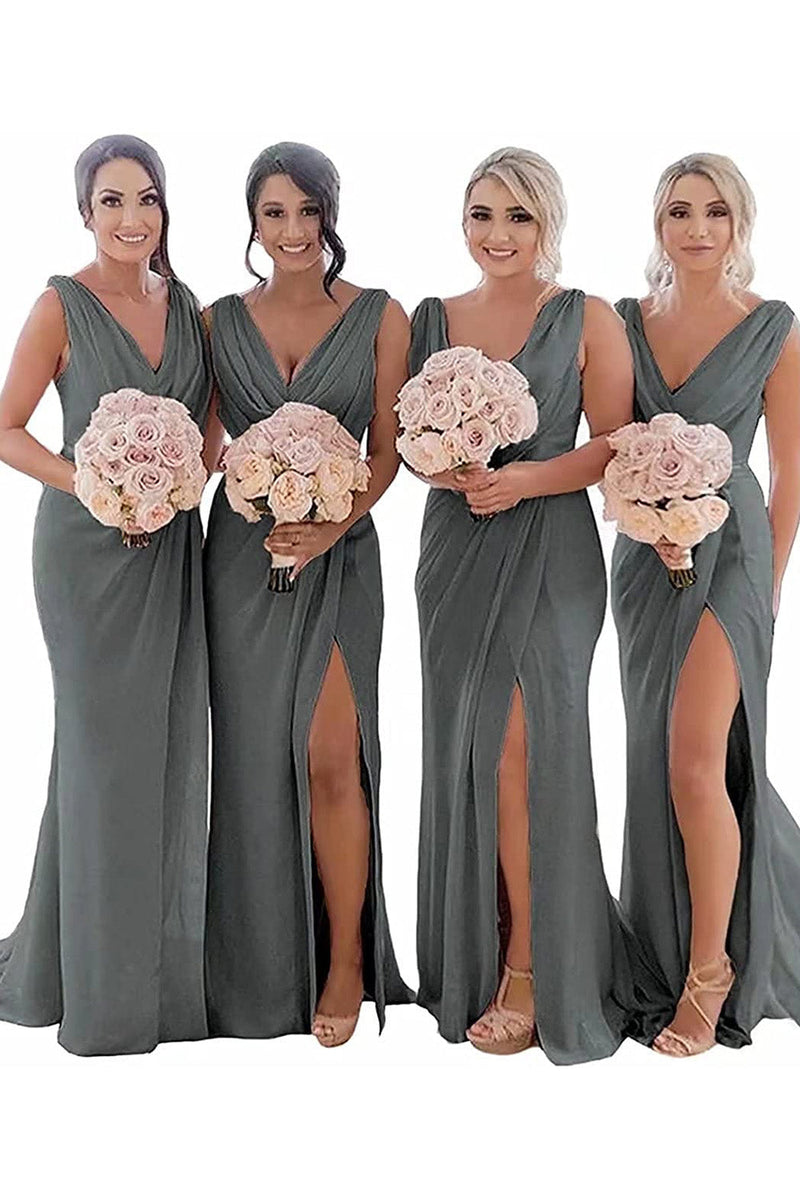 Load image into Gallery viewer, Rust Sheath Chiffon Ruched Long Bridesmaid Dress with Slit