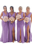 Load image into Gallery viewer, Rust Sheath Chiffon Ruched Long Bridesmaid Dress with Slit