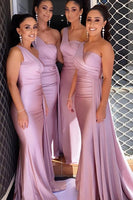 Load image into Gallery viewer, Blush One Shoulder Mermaid Long Bridesmaid Dress with Ruffles