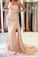 Load image into Gallery viewer, Blush One Shoulder Mermaid Long Bridesmaid Dress with Ruffles
