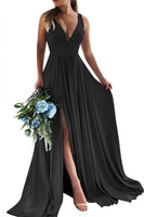 Load image into Gallery viewer, Champagne A-Line Ruched Long Bridesmaid Dress with Slit
