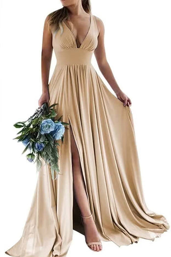 Champagne A-Line Ruched Long Bridesmaid Dress with Slit