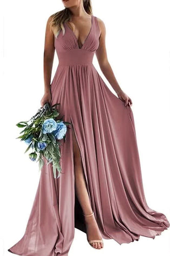 Dusty Rose A-Line Ruched Long Bridesmaid Dress with Slit