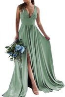 Load image into Gallery viewer, Dusty Sage A-Line Ruched Long Bridesmaid Dress with Slit