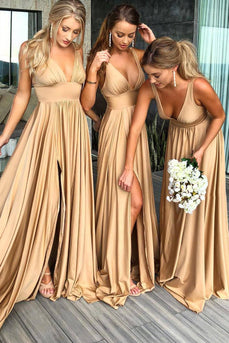 Dusty Rose A-Line Ruched Long Bridesmaid Dress with Slit