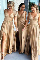 Load image into Gallery viewer, Dusty Sage A-Line Ruched Long Bridesmaid Dress with Slit