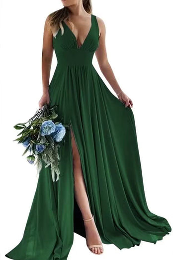 Champagne A-Line Ruched Long Bridesmaid Dress with Slit