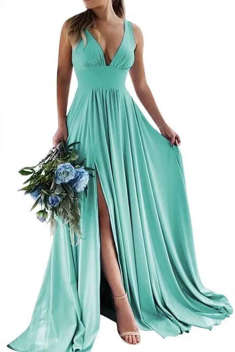 Load image into Gallery viewer, Dusty Rose A-Line Ruched Long Bridesmaid Dress with Slit