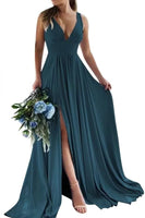 Load image into Gallery viewer, Dusty Sage A-Line Ruched Long Bridesmaid Dress with Slit