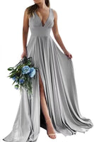 Load image into Gallery viewer, Dusty Sage A-Line Ruched Long Bridesmaid Dress with Slit