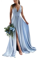 Load image into Gallery viewer, Dusty Sage A-Line Ruched Long Bridesmaid Dress with Slit