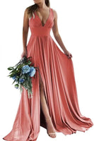 Load image into Gallery viewer, Dusty Rose A-Line Ruched Long Bridesmaid Dress with Slit