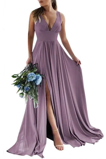 Dusty Rose A-Line Ruched Long Bridesmaid Dress with Slit