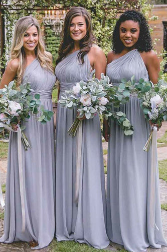 Dusty Blue One Shoulder Chiffon Long Boho Pleated Bridesmaid Dress