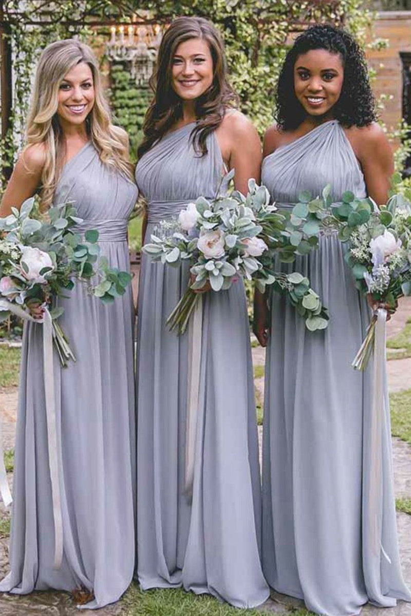 Load image into Gallery viewer, Dusty Blue One Shoulder Chiffon Long Boho Pleated Bridesmaid Dress