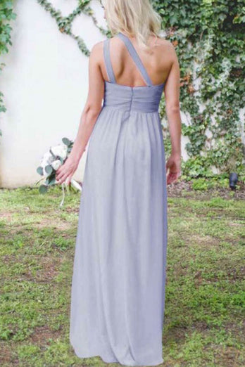 Dusty Blue One Shoulder Chiffon Long Boho Pleated Bridesmaid Dress