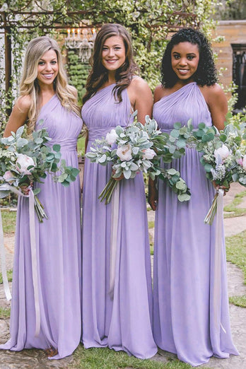 Dusty Blue One Shoulder Chiffon Long Boho Pleated Bridesmaid Dress