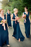 Load image into Gallery viewer, Peacock Blue Mermaid V-Neck Long Bridesmaid Dress