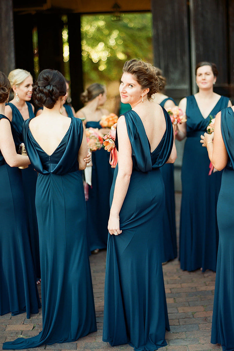Load image into Gallery viewer, Peacock Blue Mermaid V-Neck Long Bridesmaid Dress