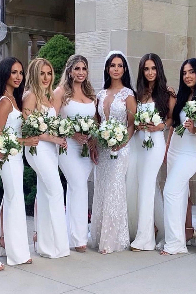Load image into Gallery viewer, Ivory Mermaid Spaghetti Straps Long Bridesmaid Dress with Back Slit