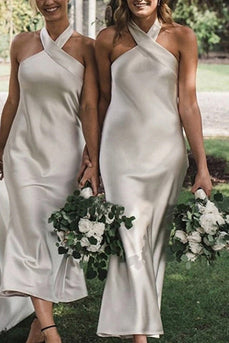 Ivory Sheath Halter Neck Backless Ankle-Length Bridesmaid Dress