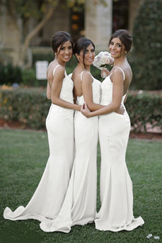 Ivory Mermaid Spaghetti Straps Long Bridesmaid Dress with Lace