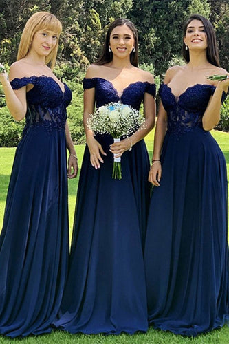 Navy A-Line Corset Long Chiffon Bridesmaid Dress with Lace