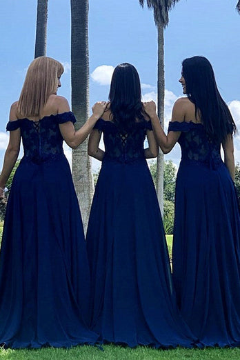 Navy A-Line Corset Long Chiffon Bridesmaid Dress with Lace