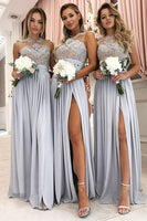 Load image into Gallery viewer, Grey A-Line Illusion Round Neck Long Chiffon Bridesmaid Dress with Lace