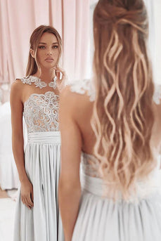 Grey A-Line Illusion Round Neck Long Chiffon Bridesmaid Dress with Lace