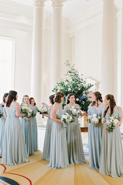 Dusty Sage A-Line Long Chiffon Bridesmaid Dress with Ruffles