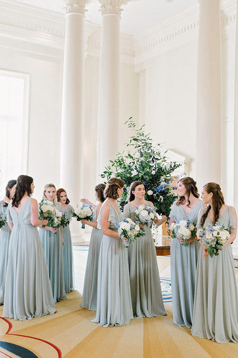 Dusty Sage A-Line Long Chiffon Bridesmaid Dress with Ruffles