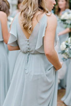 Dusty Sage A-Line Long Chiffon Bridesmaid Dress with Ruffles