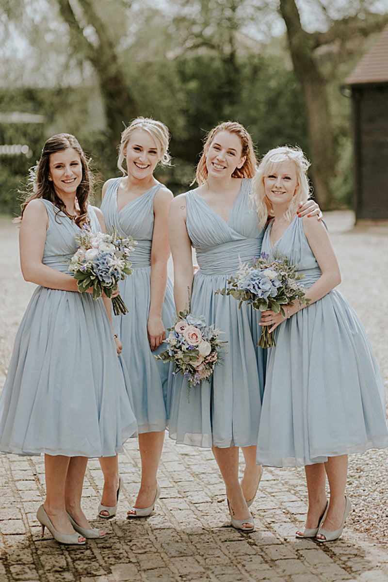 Load image into Gallery viewer, Dusty Blue A-Line Mid-Calf Ruched Chiffon Bridesmaid Dress