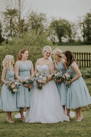 Load image into Gallery viewer, Dusty Blue A-Line Mid-Calf Ruched Chiffon Bridesmaid Dress