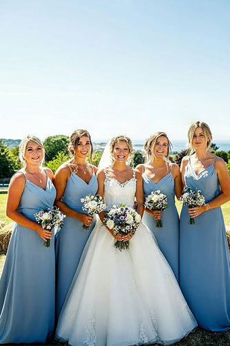 Sky Blue A-Line Long Chiffon Boho Bridesmaid Dress