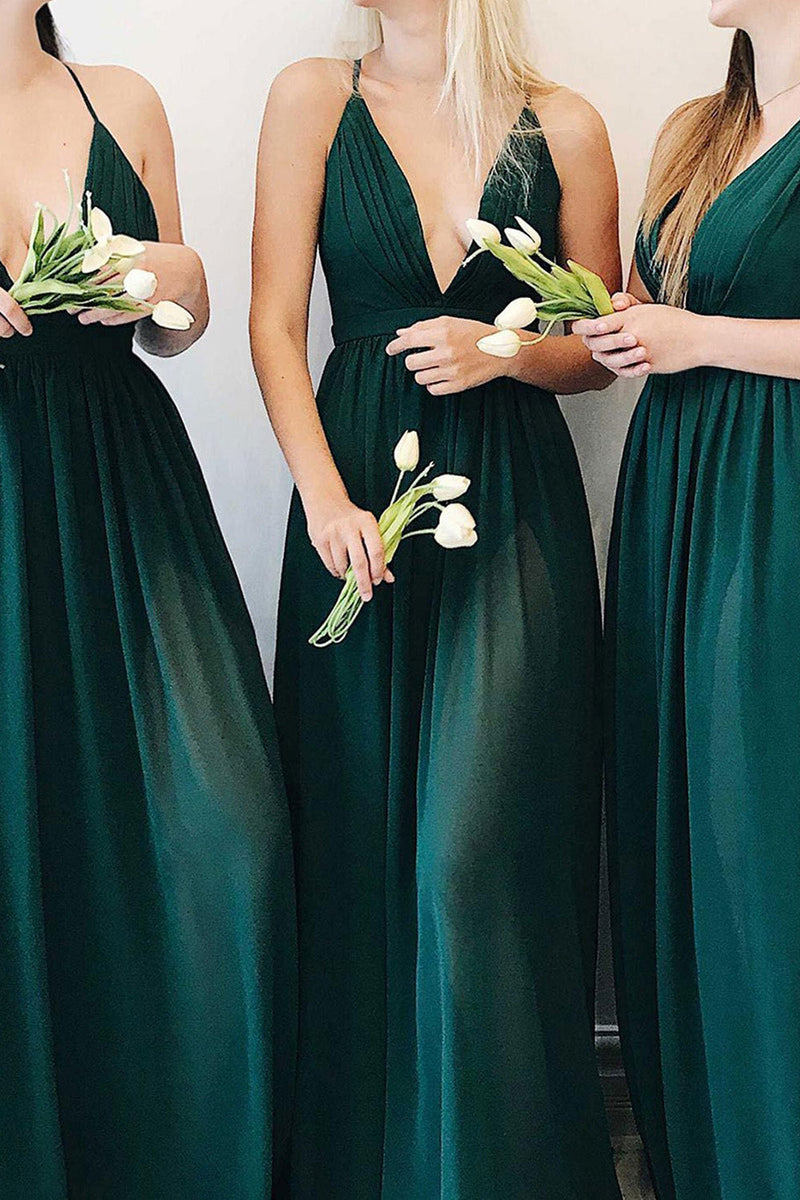 Load image into Gallery viewer, Dark Green A-Line Pleated Long Chiffon Boho Bridesmaid Dress