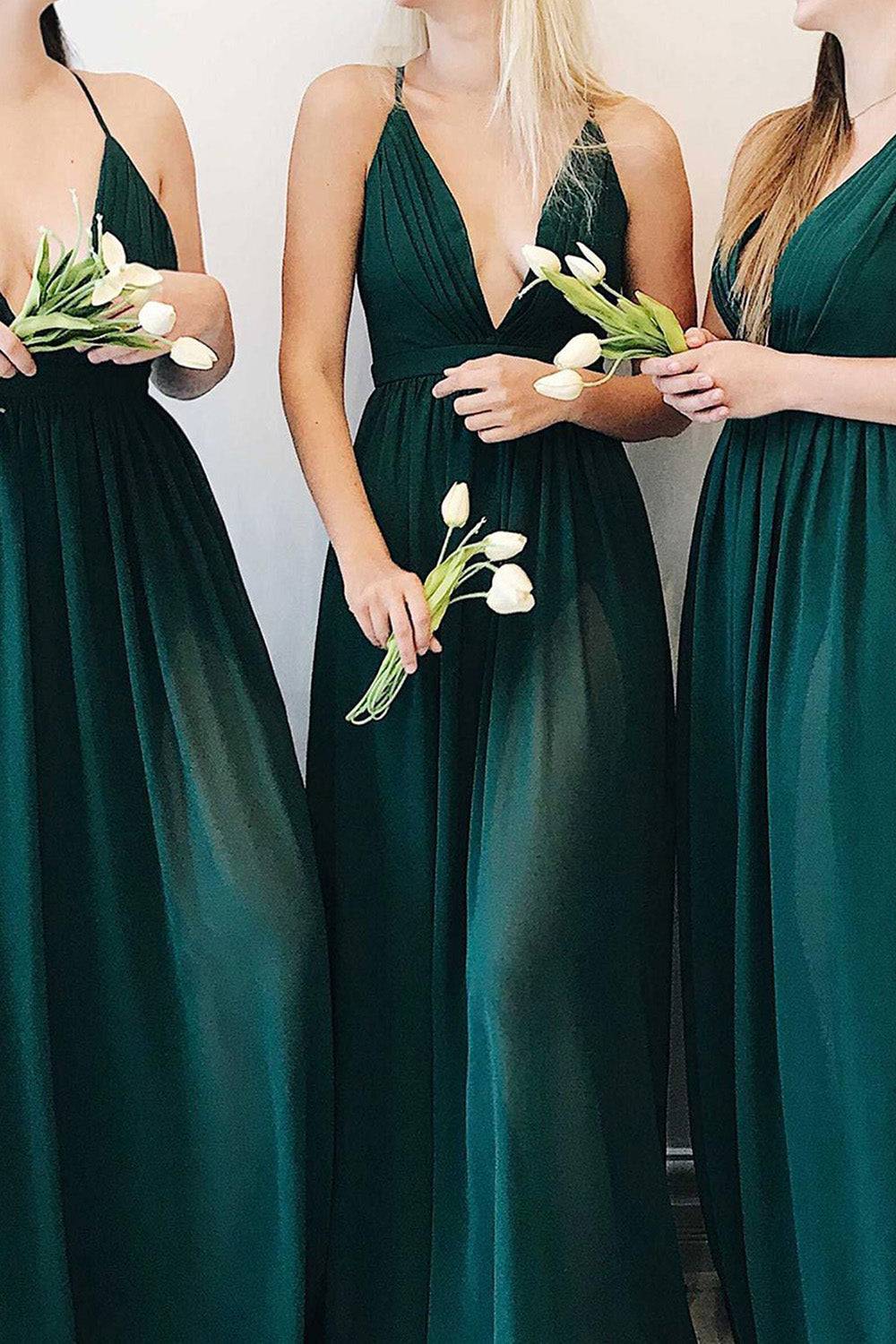 Dark Green A-Line Pleated Long Chiffon Boho Bridesmaid Dress
