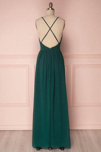 Dark Green A-Line Pleated Long Chiffon Boho Bridesmaid Dress