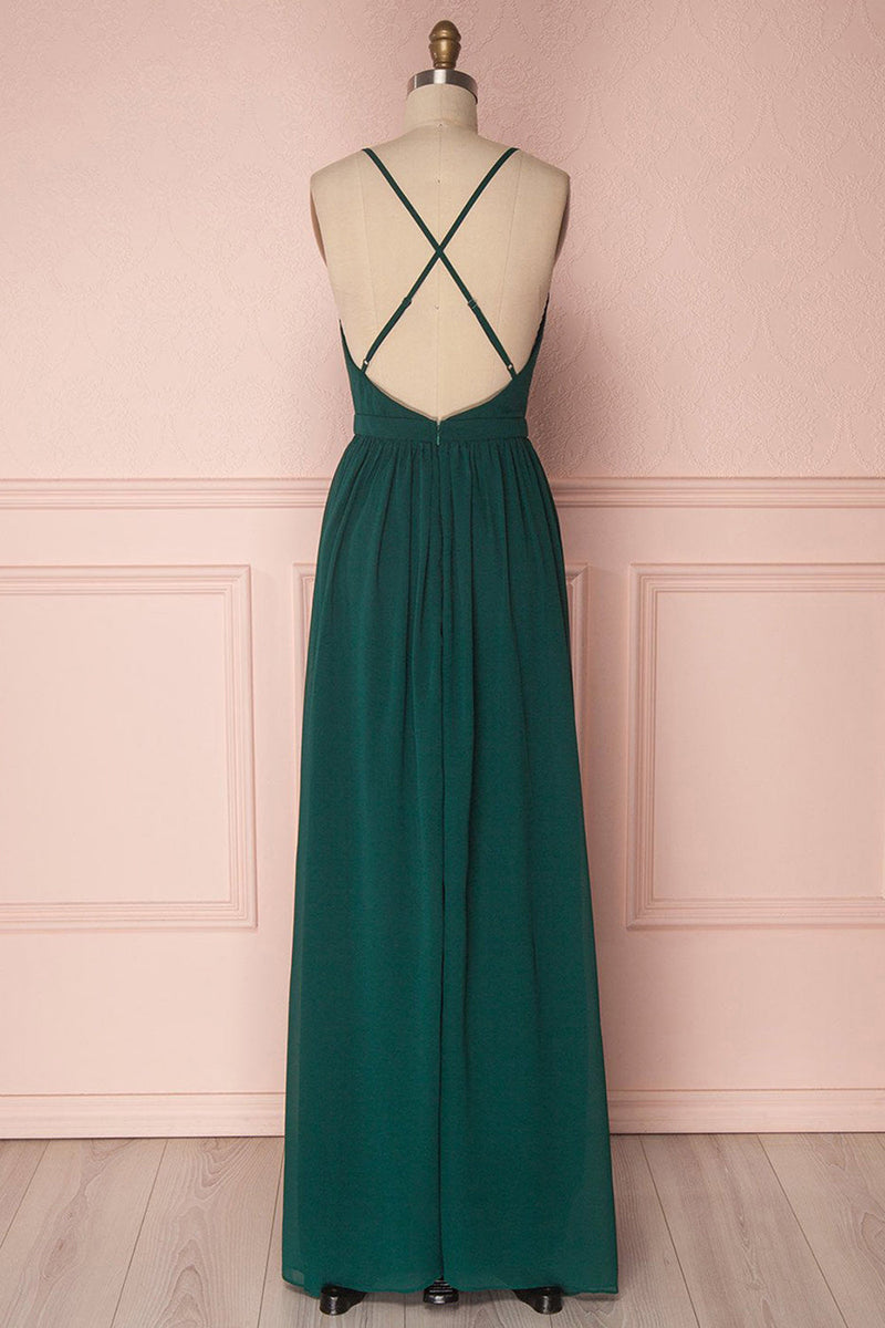 Load image into Gallery viewer, Dark Green A-Line Pleated Long Chiffon Boho Bridesmaid Dress