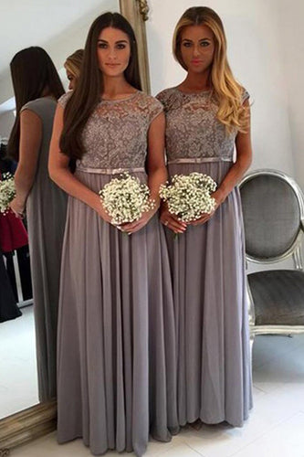 Grey A-Line Boat Neck Long Chiffon Boho Bridesmaid Dress with Lace