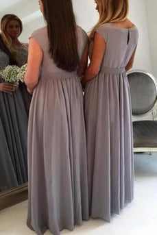 Grey A-Line Boat Neck Long Chiffon Boho Bridesmaid Dress with Lace