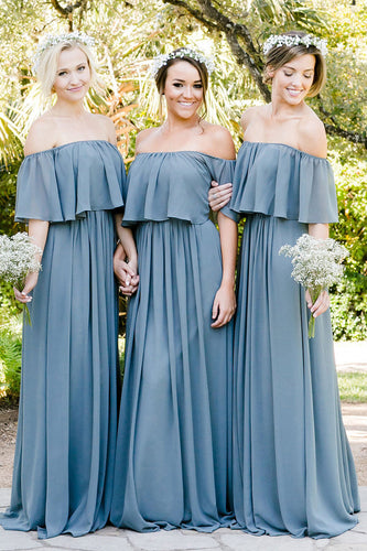 Dusty Blue A-Line Off the Shoulder Long Chiffon Boho Bridesmaid Dress